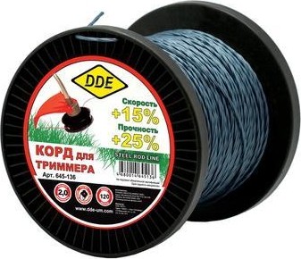 Леска триммерная DDE Steel rod line (2,0 ммх120 м; крест витой армир.; голубая/красна) 645-136
