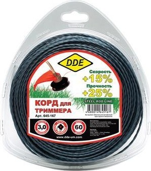 Леска триммерная DDE Steel rod line (3,0 ммх60 м; крест витой армир.; голубая/красная) 645-167