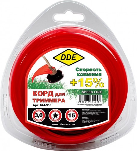 Леска триммерная DDE звезда в блистере "speed line" 3,0 ммх15 м, красный 644-955