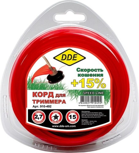 Леска триммерная DDE звезда в блистере "speed line" 2,7 ммх15 м, красный 910-492