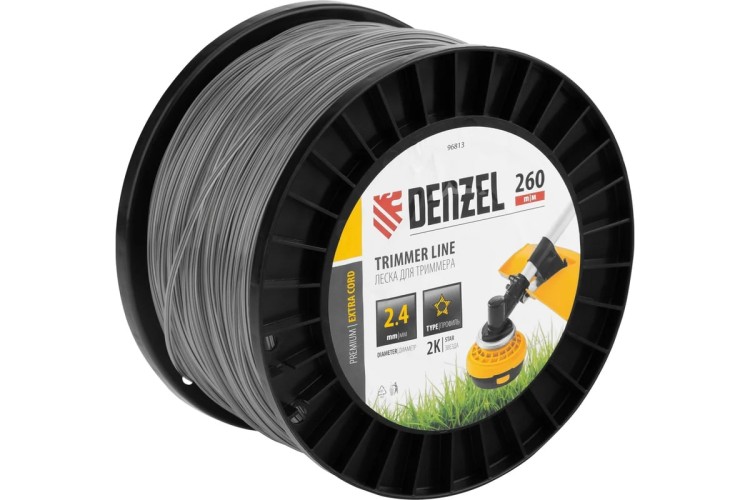 Леска триммерная Denzel EXTRA CORD двухкомпонентная звезда, 2,4 мм х 260 м. 96813