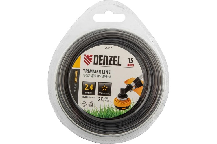 Леска триммерная Denzel EXTRA CORD двухкомпонентная звезда, 2,4 мм х 15 м. 96217