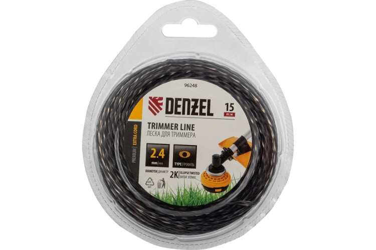 Леска триммерная Denzel EXTRA CORD двухкомпонентная эллипс 2,4 мм х 15 м. 96248