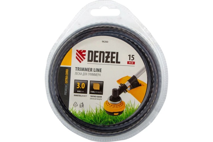 Леска триммерная Denzel EXTRA CORD двухкомпонентная зубчатый квадрат, 3,0 мм х 15 м. 96260