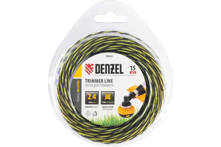 Леска триммерная Denzel SkyCutter двухкомпонентная витая квадратная, 2,4 мм х 15 м. 96841