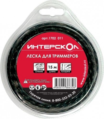 Леска триммерная ИНТЕРСКОЛ d=3 мм, 15 м (сечение-квадрат) 1702.011