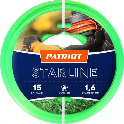 Леска триммерная PATRIOT 1,6 мм/15 м Starline звезда, зеленая 805201051