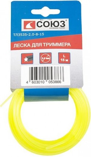 Леска триммерная СОЮЗ ТЛ3535-2.0-8-15 d=2.0 мм, l=15 м, звезда, желтый