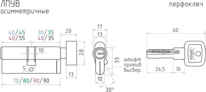 Личинка замка НОРА-М ЛПУВ-90 (50-40в) асимметр. с вертушкой "Хром" 12697 - изображение 2