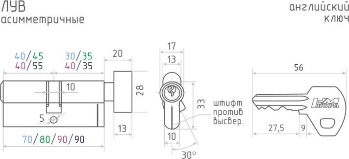Личинка замка НОРА-М ЛУВ-70 (40-30в) асимметр. с вертушкой "Латунь"  12680 - изображение 2