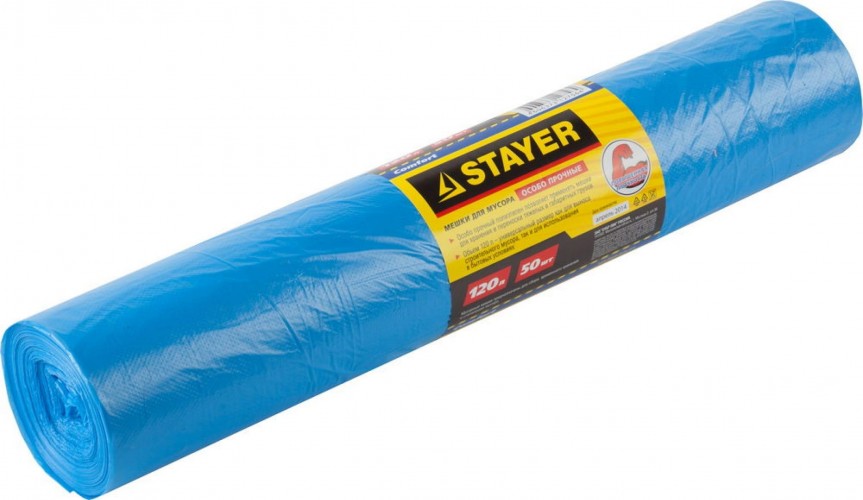 Мешок строительный STAYER Comfort мешки особопрочные для сбора мусора, голубые, 120л 39156-120