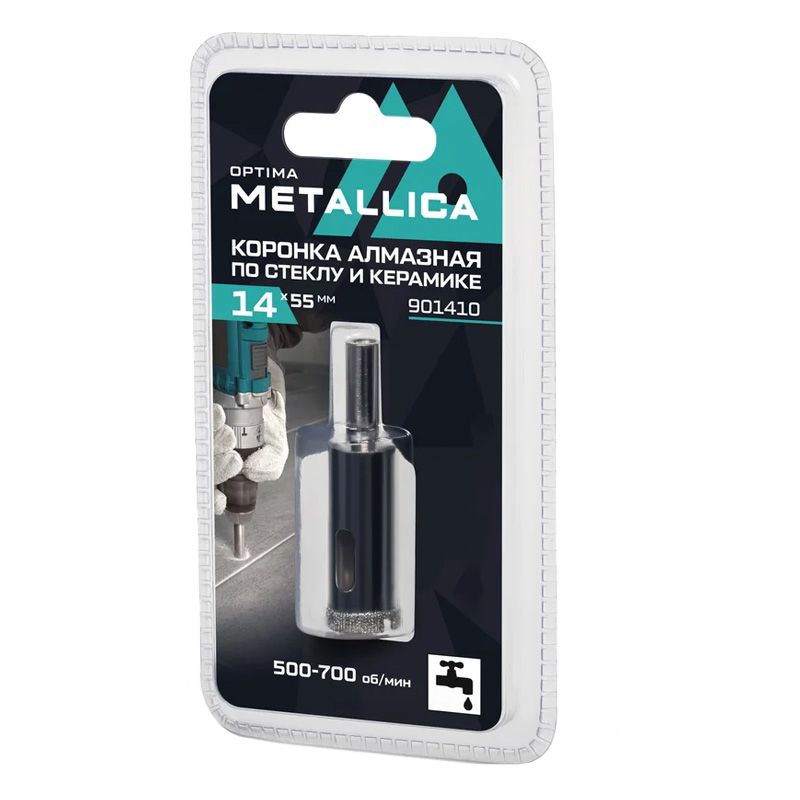 Коронка алмазная METALLICA Optima  14x55 мм, #80, по стеклу, плитке, 1 шт, в блистере.