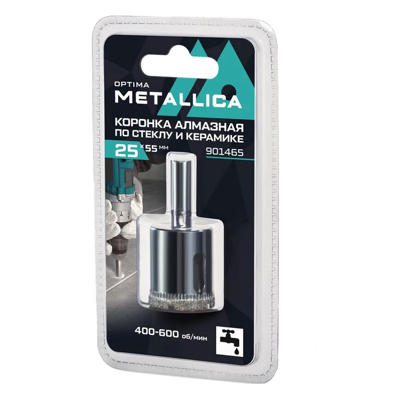 Коронка алмазная METALLICA Optima  25x55 мм, #80, по стеклу, плитке, 1 шт, в блистере.