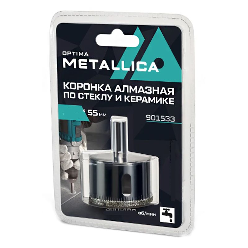 Коронка алмазная METALLICA Optima  55x55 мм, #80, по стеклу, плитке, 1 шт, в блистере