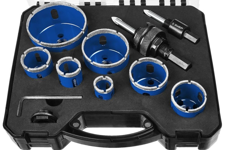 Набор алмазных коронок ЗУБР ПРОФЕССИОНАЛ с оснасткой, d=20, 25, 32, 35, 40, 50, 68 мм, 7 29870-H7_z01