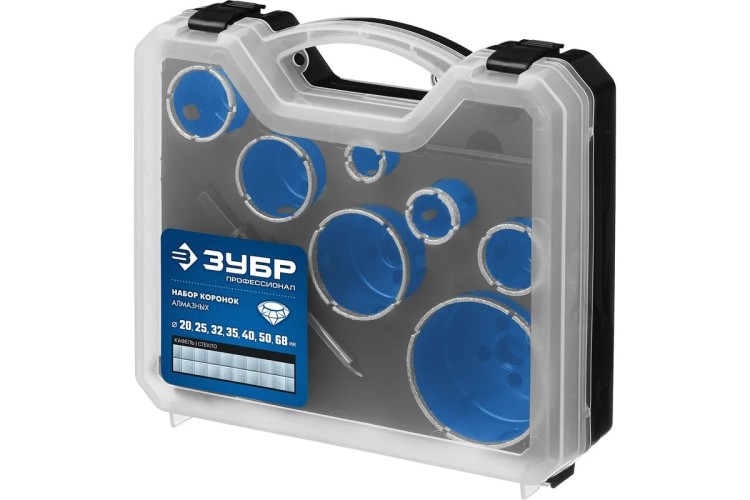 Набор алмазных коронок ЗУБР ПРОФЕССИОНАЛ с оснасткой, d=20, 25, 32, 35, 40, 50, 68 мм, 7 29870-H7_z01 - изображение 3