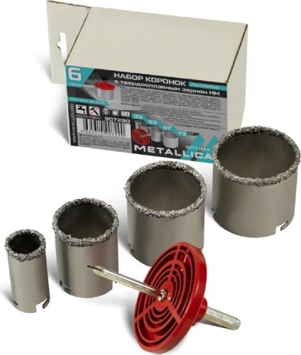 Набор биметаллических коронок по плитке METALLICA Optima 33/53/67/73 мм с твердосплавным зерном с держателем, 6 шт 907290