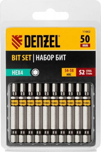 Набор бит Denzel HEX 4х50 сталь s2, шестигранный профиль, 10 шт. 11662