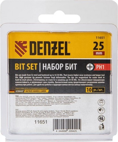 Набор бит Denzel PH1х25 сталь s2, шестигранный профиль, 10 шт. 11651 - изображение 4