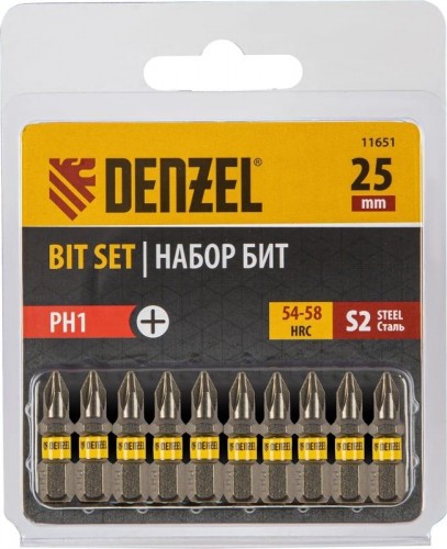 Набор бит Denzel PH1х25 сталь s2, шестигранный профиль, 10 шт. 11651
