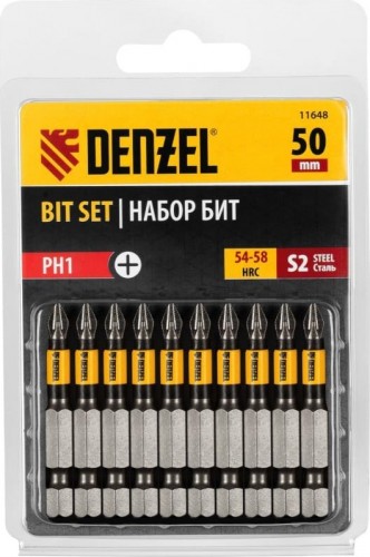 Набор бит Denzel PH1х50 сталь s2, круглый профиль, 10 шт. 11648