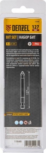 Набор бит Denzel PH2х127 сталь s2, круглый профиль, 5шт. 11646 - изображение 4