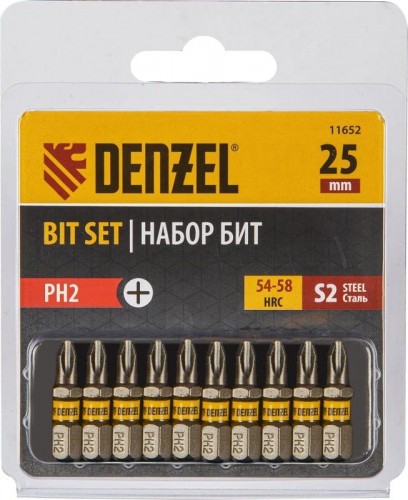Набор бит Denzel PH2х25 сталь s2, шестигранный профиль, 10 шт. 11652