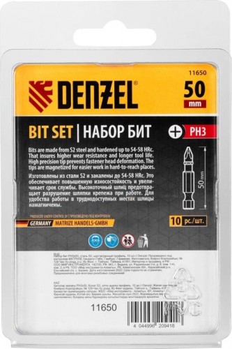 Набор бит Denzel PH3х50 сталь s2, шестигранный профиль, 10 шт. 11650 - изображение 4