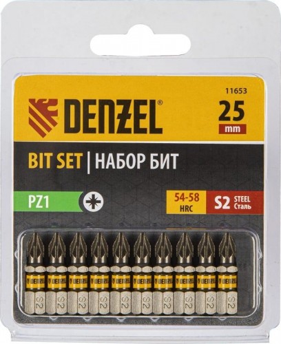 Набор бит Denzel PZ1х25 сталь s2, шестигранный профиль, 10 шт. 11653