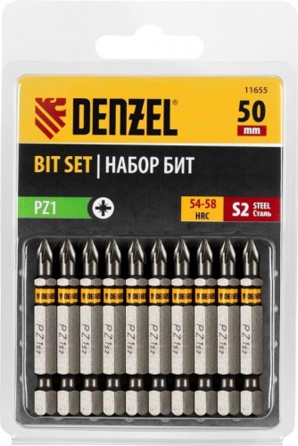 Набор бит Denzel PZ1х50 сталь s2, шестигранный профиль, 10 шт. 11655