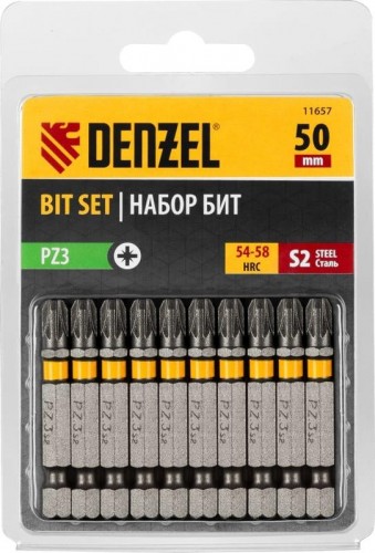 Набор бит Denzel PZ3х50 сталь s2, шестигранный профиль, 10 шт. 11657