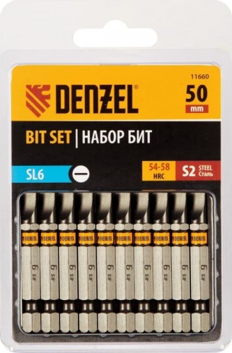 Набор бит Denzel SL6,0х50 сталь s2, шестигранный профиль, 10шт. 11660