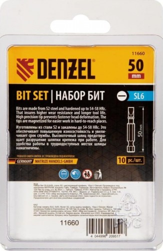 Набор бит Denzel SL6,0х50 сталь s2, шестигранный профиль, 10шт. 11660 - изображение 4