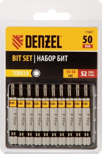 Набор бит Denzel TORX 10х50 сталь s2, шестигранный профиль, 10 шт. 11667