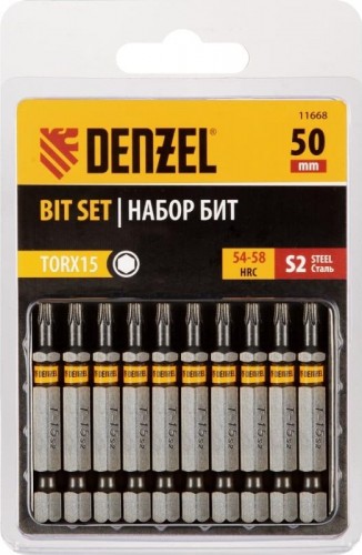 Набор бит Denzel TORX 15х50 сталь s2, шестигранный профиль, 10 шт. 11668