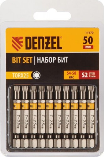Набор бит Denzel TORX 25х50 сталь s2, шестигранный профиль, 10 шт. 11670