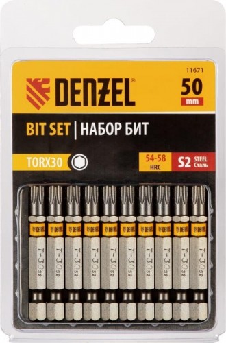 Набор бит Denzel TORX 30х50 сталь s2, шестигранный профиль, 10 шт. 11671