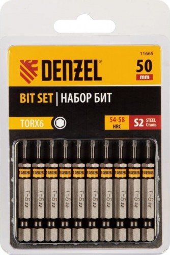 Набор бит Denzel TORX 6х50 сталь s2, шестигранный профиль, 10 шт. 11665