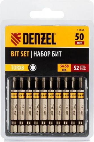 Набор бит Denzel TORX 8х50 сталь s2, шестигранный профиль, 10 шт. 11666