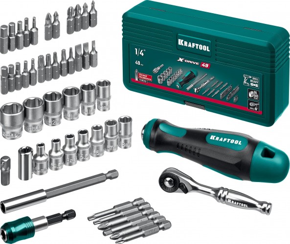 Набор бит и головок KRAFTOOL X-Drive с битодержателем и трещоткой 49 шт. 25816