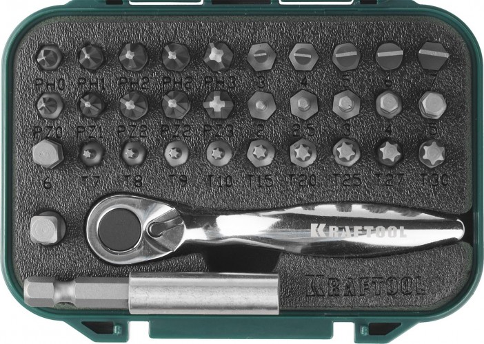 Набор бит KRAFTOOL EXPERT 26157-H33 с мини трещоткой 1/4", 33 пред. 26157-H33 - изображение 2