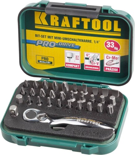 Набор бит KRAFTOOL EXPERT 26157-H33 с мини трещоткой 1/4", 33 пред. 26157-H33