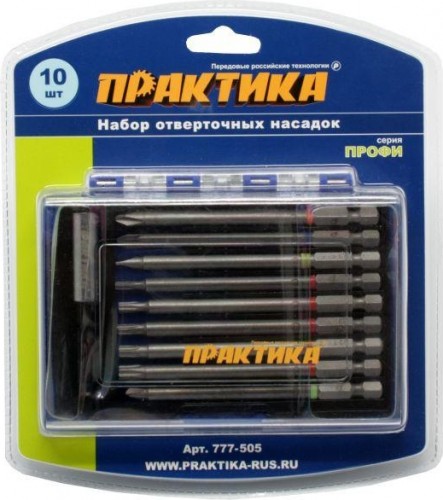 Набор бит ПРАКТИКА "Профи" 10шт, 100 мм, PH, PZ, SL, Torx, Tri-Wing,  держатель 75 мм 777-505