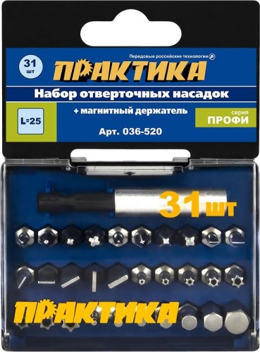 Набор бит ПРАКТИКА "Профи" 31шт PH 4шт PZ 4шт Torx 8шт LS 7шт HEX 7шт м/д 036-520