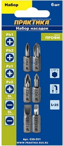 Набор бит ПРАКТИКА "Профи" 6шт PH1,2; PZ1,2; LS 2 штx25мм 036-551