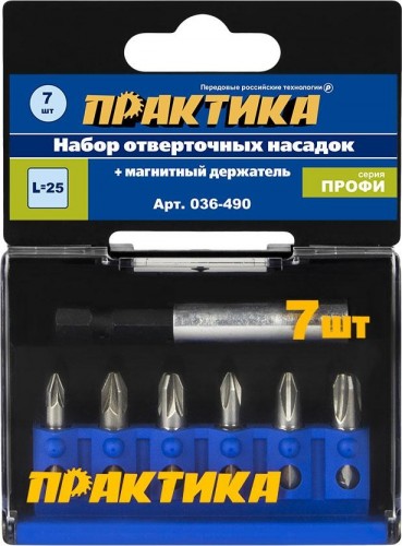 Набор бит ПРАКТИКА "Профи" 7шт PH1,2,3; PZ1,2,3x25мм, магнитный держа 036-490