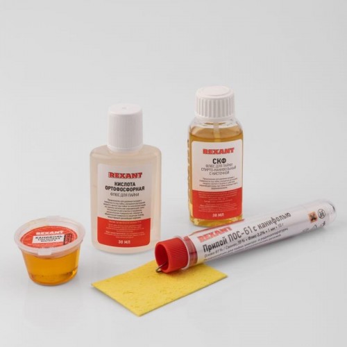 Набор для пайки REXANT К5 универсальный (припой, губка, канифоль, флюс скф,  09-3745 - изображение 2