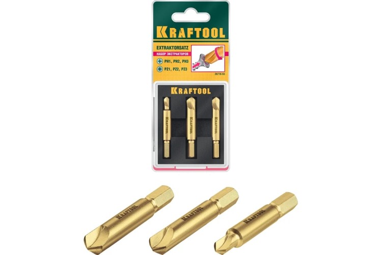 Набор экстракторов KRAFTOOL 3 предмета поврежденного крепежа до 95%, 26770-H3