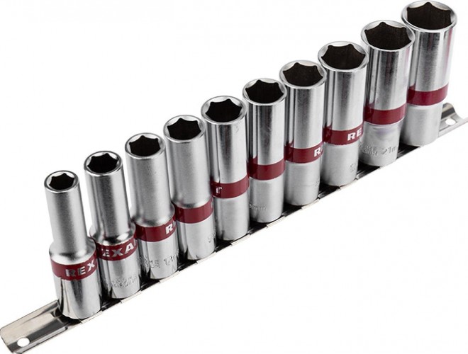 Набор головок 1/2" REXANT 12-8308 удлиненных торцевых, шестигранные, CRV, 10 шт.