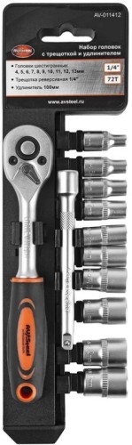 Набор головок 1/4" AV Steel AV-011412 с трещоткой, 12 предм.